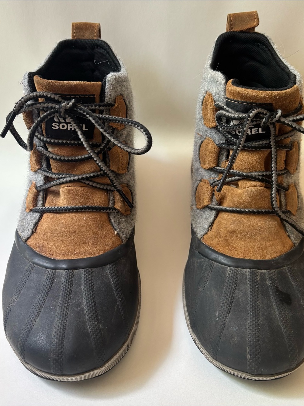 Sorel Brown Suede and Gray Wool Waterproof Lace-Up Duck Boots